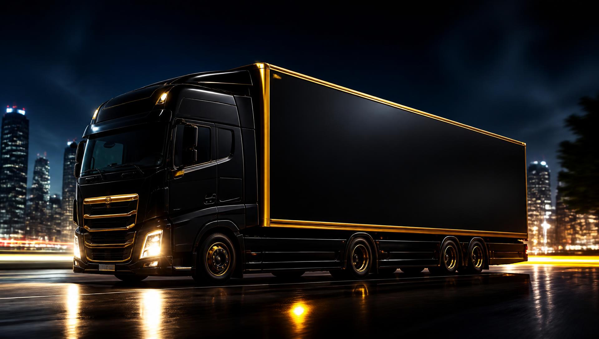 Premium black and gold transport truck at night