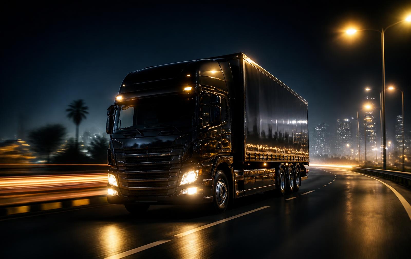 Moving truck travelling on a highway at night