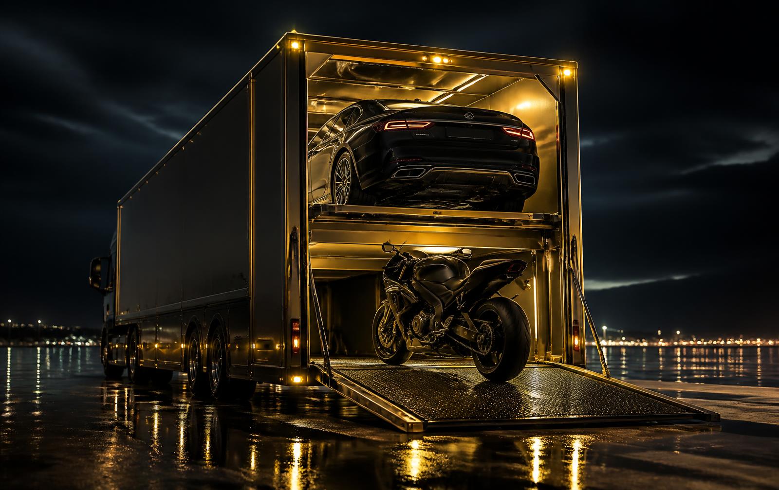 Car being loaded onto an enclosed carrier